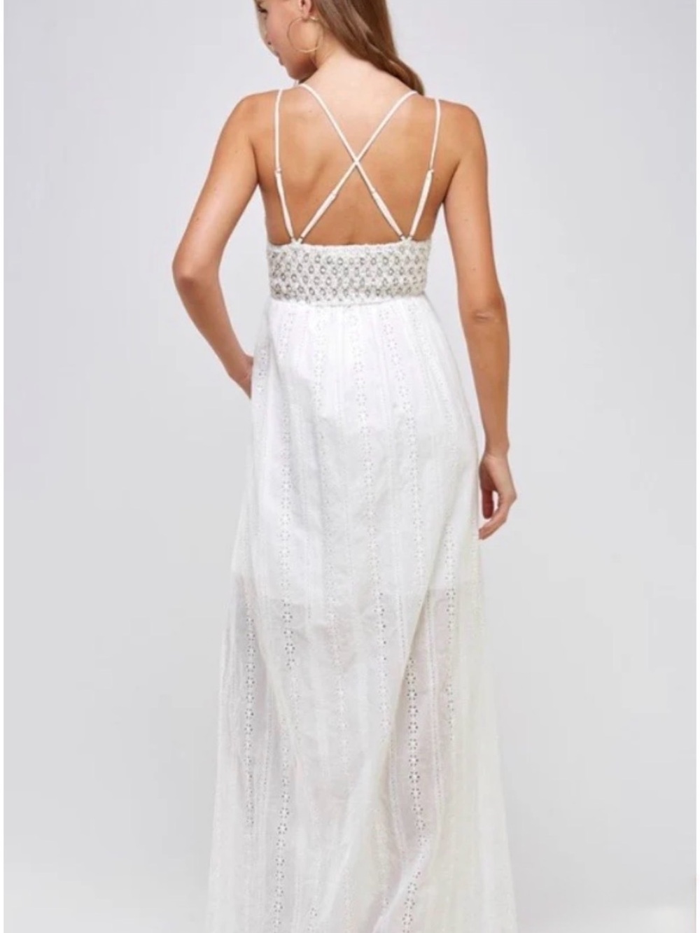 Three Bird Nest White Lace Bralette  Eyelet Maxi Dress Slit Spaghetti Strap Boho - Picture 11 of 13